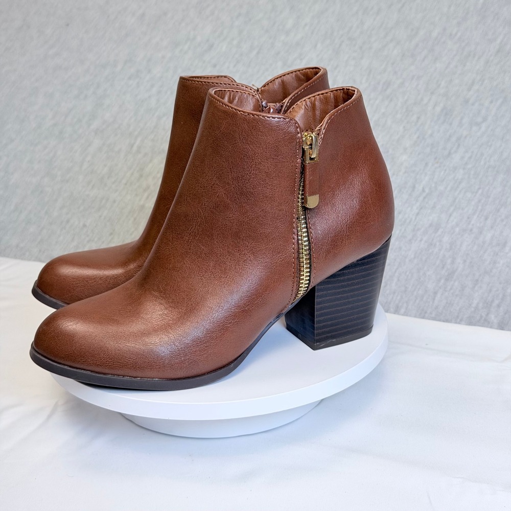 Style & Co Masrinaap Brown Cognac Ankle Booties Block Heel Size 5.5M F42198